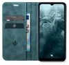 A teal flip-case wallet for a smartphone is open, showing credit cards and a banknote inserted, with the smartphone screen displaying the time and date. Produktbild-Vorschau