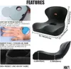 Collage of images showing features and dimensions of an orthopedic seat cushion. Produktbild-Vorschau