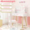 A child's vanity set with a mirror and chair, with dimensions indicated by text and lines. Podgląd zdjęcia produktu