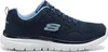A side view of a navy blue Skechers sneaker with a white sole. Voir les images du produit