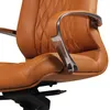 A close-up view of a brown leather office chair armrest and seat. Produktbild-Vorschau