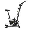 A black and white stationary exercise bike with a water bottle holder and a water bottle. Produktbild-Vorschau