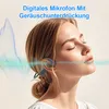 A woman wearing bone conduction headphones, with sound waves visualized around her. Produktbild-Vorschau