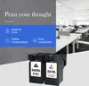 A split image showing marketing text and icons on the left, and a modern office interior on the right, with two ink cartridges in the foreground. Produktbild-Vorschau