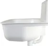 A white sink basin with a drain pipe and flexible hose, shown from the side against a white background. Produktbild-Vorschau