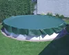 A round swimming pool covered with a green tarp, situated on a lawn with a brick border. Produktbild-Vorschau