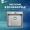 A stainless steel kitchen sink is presented against a gradient blue and teal background, with text overlay. Produktbild-Vorschau