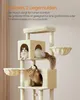 A multi-level cat tree with two cats on it, with descriptive text overlay. Produktbild-Vorschau