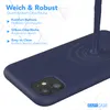 A dark blue silicone phone case is shown with liquid blue silicone being poured onto it, creating ripples. Text overlays describe the product's features. Produktbild-Vorschau