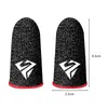 Two black finger sleeves with a white logo and red trim, with dimensions indicated by lines and text. Produktbild-Vorschau