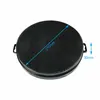 A round, black charcoal filter with a grid pattern is shown from a slightly elevated angle. Blue lines indicate measurements for diameter and height, with text labels. The filter has two small handles on the sides. Produktbild-Vorschau