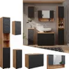 A collage of bathroom furniture pieces, including cabinets and a vanity unit with a sink, presented in a modern bathroom setting and as individual items. Produktbild-Vorschau
