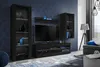 A modern living room with a black TV stand, shelving unit, and a tall cabinet against a dark blue wall.