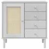 A white sideboard with a rattan-look door and four drawers, shown against a white background. Podgląd zdjęcia produktu