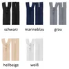 Farbauswahl für Kunststoff Profilreißverschlüsse 16cm unteilbar: Schwarz, Marineblau, Grau, Hellbeige und Weiß. Produktbild-Vorschau