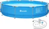 A round, blue swimming pool with a metal frame, shown with a water filter pump and hoses next to it. Náhled obrázku produktu