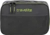 A close-up of a gray toiletry bag with a mesh front pocket and the brand name 'travelite' printed in green. Anteprima dell’immagine prodotto