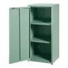 A mint green metal cabinet with its door open, revealing three shelves. The cabinet is shown against a white background. Náhled obrázku produktu