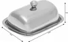 A stainless steel butter dish with a lid and a small knob on top, placed on a matching tray. Dimensions are indicated by arrows and labels. Náhled obrázku produktu