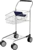 A silver shopping cart with a blue fabric insert and black wheels, shown against a white background. Produktbild-Vorschau