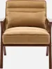 A studio shot of a camel-colored armchair with a lumbar pillow. Produktbild-Vorschau