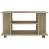 A front view of a wooden TV stand with two shelves and wheels, set against a white background. Náhľad obrázku produktu