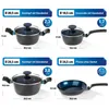 A collage of four different cookware items with dimensions and capacity labels. Anteprima dell’immagine prodotto