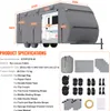 A diagram showing a travel trailer cover with dimensions and a list of accessories. Podgląd zdjęcia produktu