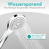 A close-up of a chrome shower head with water spraying out, with marketing text about water saving. Anteprima dell’immagine prodotto