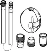 A collection of plumbing parts, including hoses and connectors, laid out on a white background. Produktbild-Vorschau