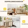 A collage showing a dog crate furniture piece in two different home settings, one with a woman and dog near a sofa, and another in a bedroom with a dog on the floor. Náhled obrázku produktu