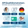 Marketing image showcasing product features and certifications. Produktbild-Vorschau