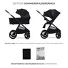 Two views of a black stroller, one with a bassinet and one as a seat, with accessories shown below. Anteprima dell’immagine prodotto