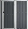 A front view of a dark gray metal storage shed with a silver door frame and handle. Produktbild-Vorschau