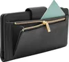 A close-up view of a black leather wallet with a gold zipper and a light blue card peeking out. Produktbild-Vorschau