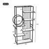 A diagram showing the dimensions of a black shelving unit with white shelves. Podgląd zdjęcia produktu
