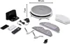 A robot vacuum cleaner and its accessories are laid out on a white background, with dimensions indicated. Produktbild-Vorschau
