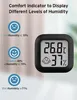 A digital hygrometer with text explaining different humidity levels. Produktbild-Vorschau