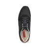 A top-down view of a black sneaker with brown accents and a red logo tag inside. Produktbild-Vorschau