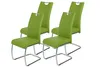 Four green dining chairs with chrome legs are arranged on a white background.