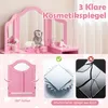 A pink children's vanity table with a tri-fold mirror and accessories, shown with feature callouts. Náhled obrázku produktu