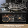 Close-up of a robotic vacuum cleaner's mopping mechanism and docking station, with marketing text and graphics. Produktbild-Vorschau