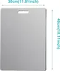 A silver cutting board with dimensions indicated. Produktbild-Vorschau