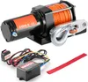 A black electric winch with an orange synthetic rope and a silver hook, along with its accessories, is displayed against a white background. Podgląd zdjęcia produktu
