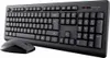 A black wireless keyboard and mouse set is shown from a diagonal angle on a light gray background. Produktbild-Vorschau