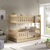 A child's bedroom with a wooden bunk bed, toys, and a window view. Produktbild-Vorschau