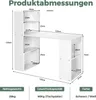 A diagram showing the dimensions of a white desk with a bookshelf. Podgląd zdjęcia produktu