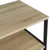 A close-up view of a wooden shelf with black metal supports. Produktbild-Vorschau