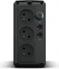 A black CyberPower UT850EG-FR Uninterruptible Power Supply (UPS) is shown against a white background. The back of the UPS is visible, featuring three AC outlets, two RJ45 ports labeled 'IN' and 'OUT', and a circular button. Podgląd zdjęcia produktu