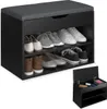 A black shoe bench with storage and a cushioned top, shown with various shoes inside. A smaller inset image shows the top storage compartment open. Náhled obrázku produktu